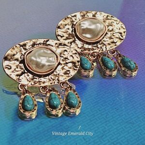 Rainy Cloud Faux Freshwater White Pearl W Blue Turquoise Rain Drops Gold Dangle